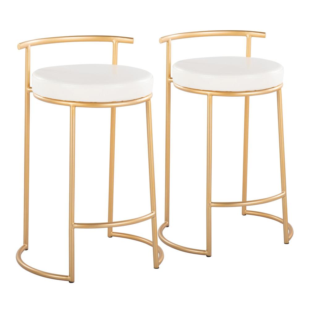 Gold Metal, White PU Round Fuji 26" Fixed-Height Counter Stool - Set of 2. Picture 1