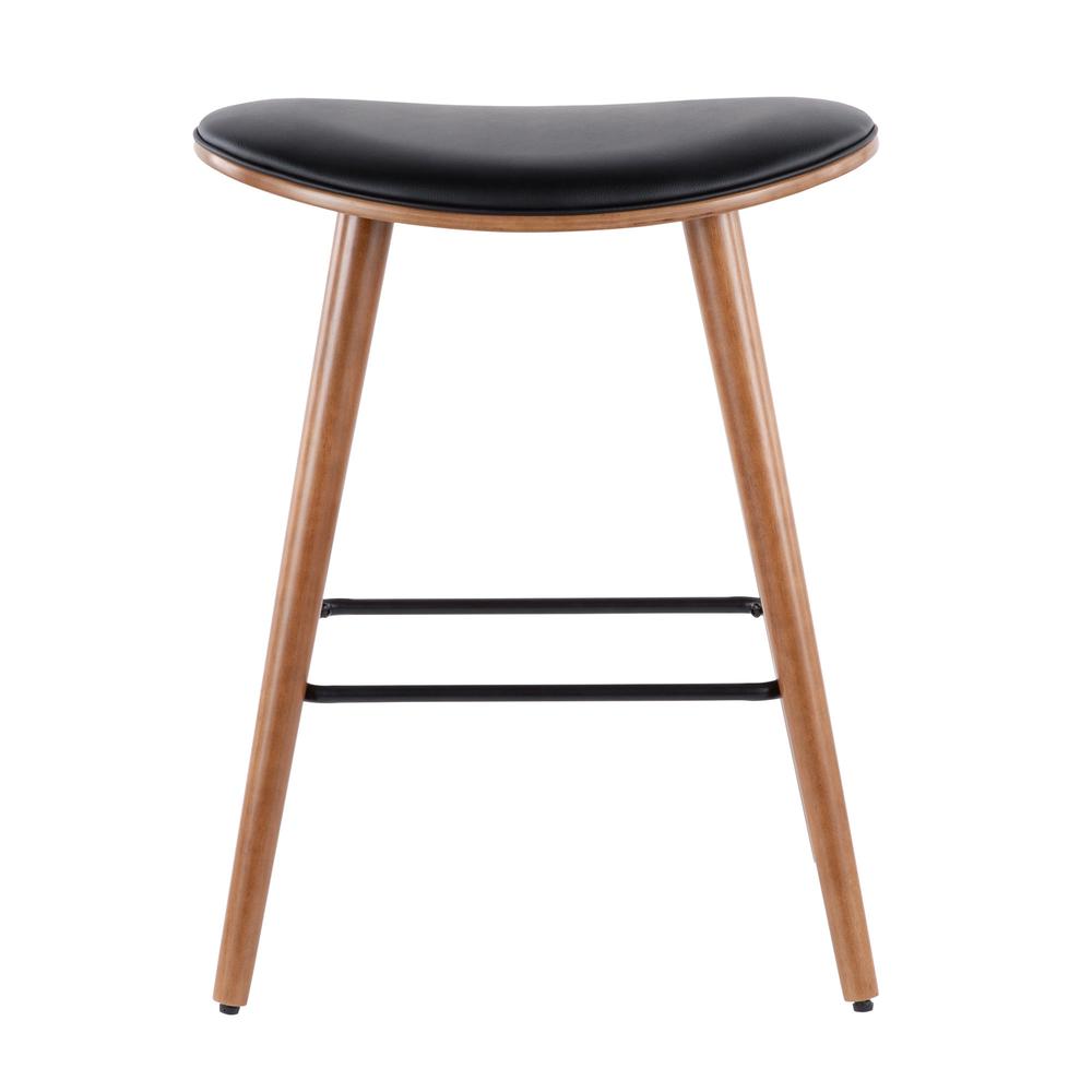 Saddle 26" Mid-Century Modern Counter Stool in Walnut and Black Faux Leather - Set of 2. Picture 5