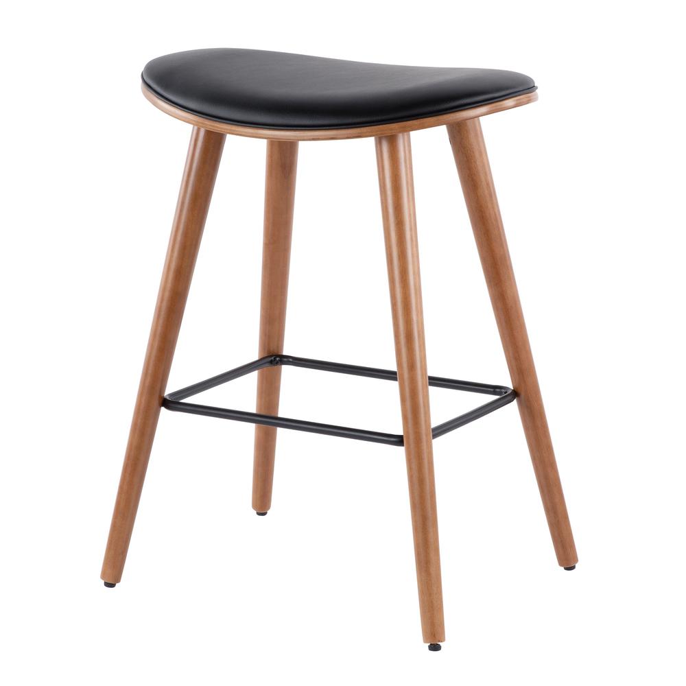 Saddle 26" Mid-Century Modern Counter Stool in Walnut and Black Faux Leather - Set of 2. Picture 4