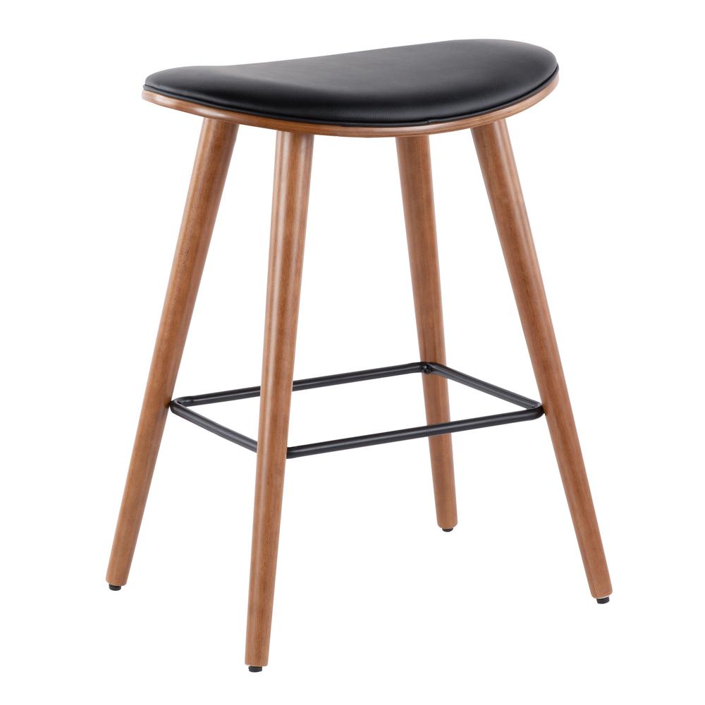 Saddle 26" Mid-Century Modern Counter Stool in Walnut and Black Faux Leather - Set of 2. Picture 2