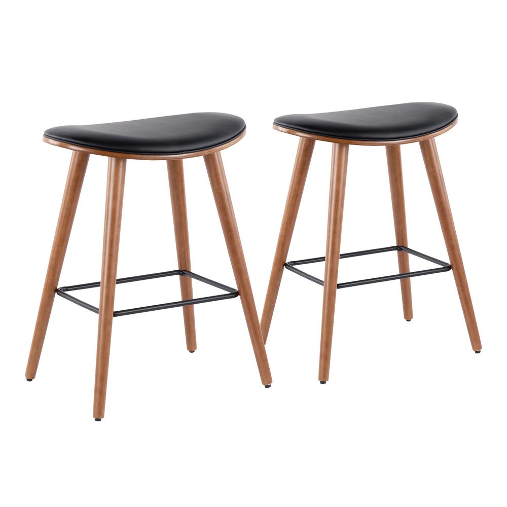 Saddle 26" Mid-Century Modern Counter Stool in Walnut and Black Faux Leather - Set of 2. Picture 1