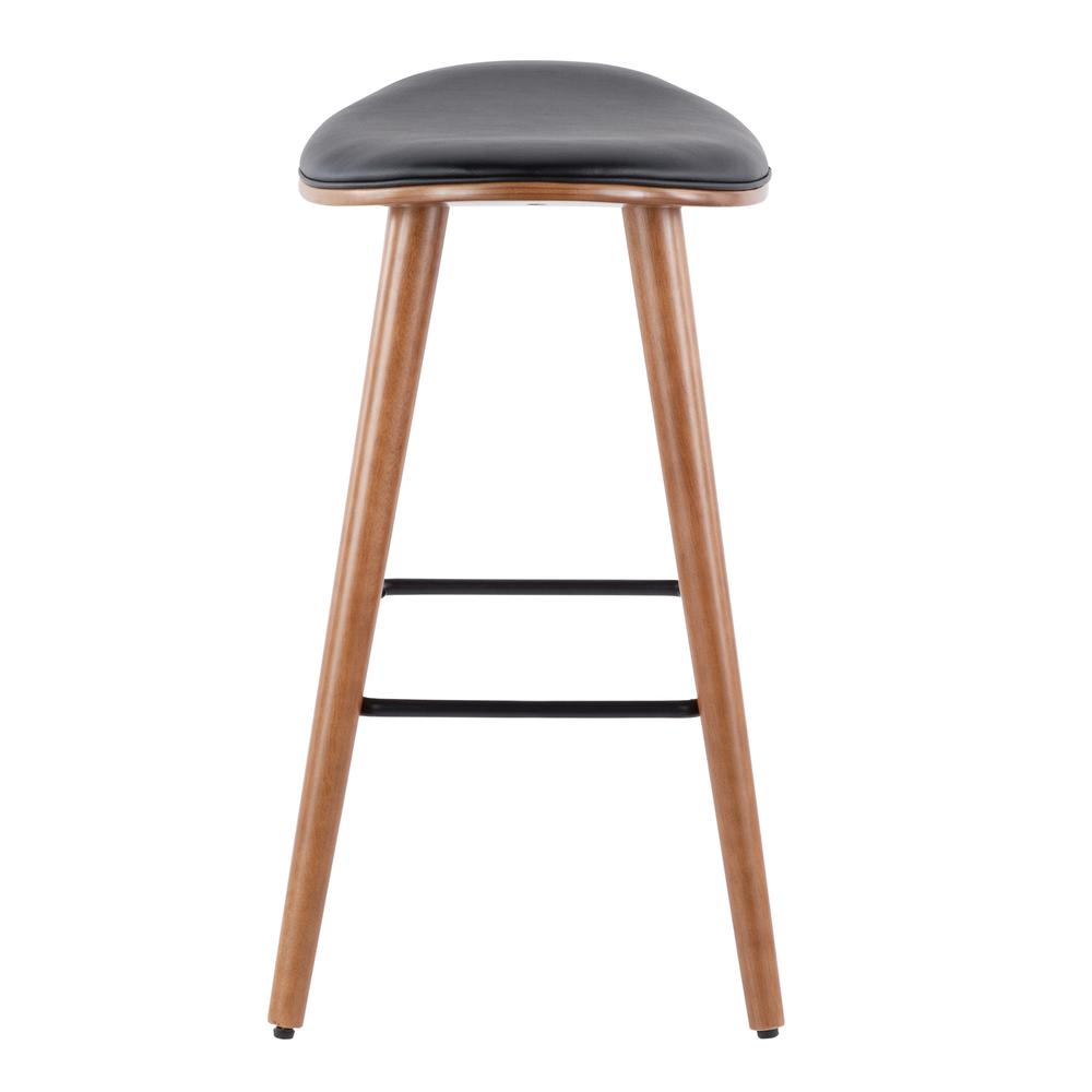 Saddle 26" Mid-Century Modern Counter Stool in Walnut and Black Faux Leather - Set of 2. Picture 3