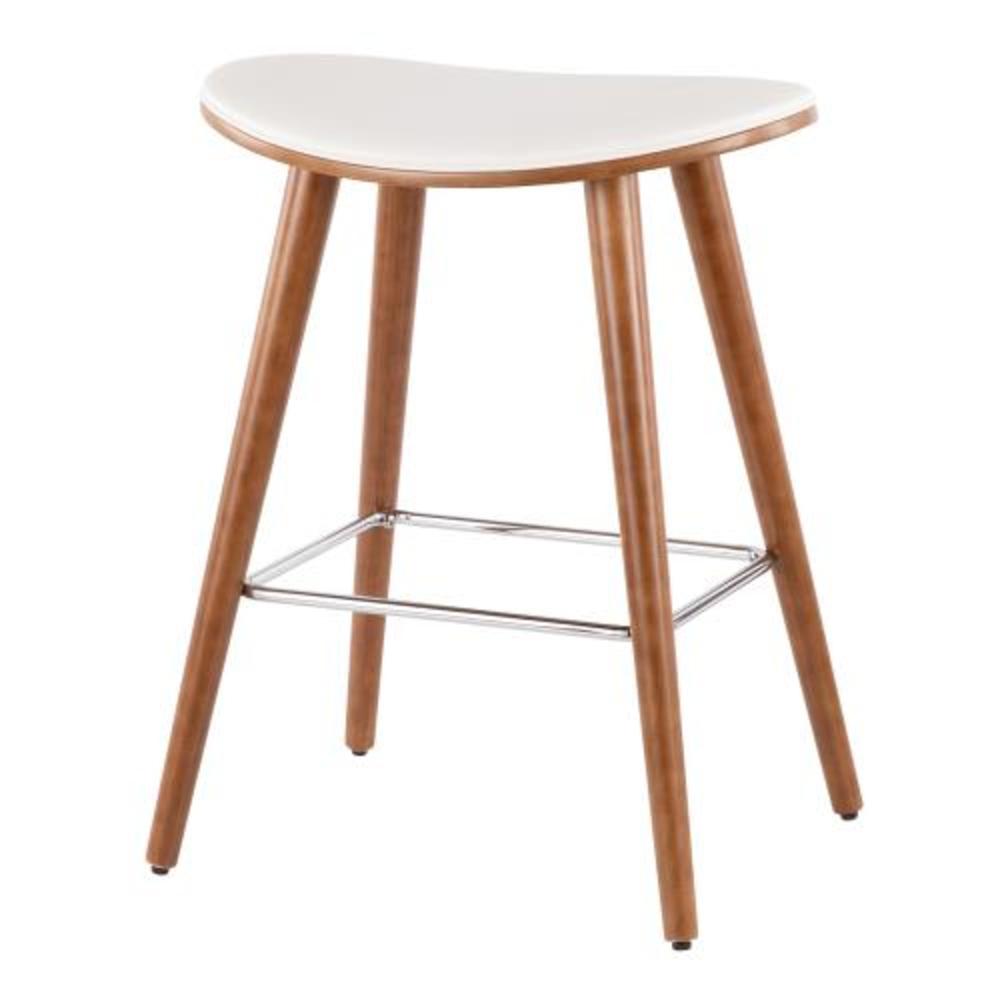 Saddle 26" Mid-Century Modern Counter Stool in Walnut and White Faux Leather - Set of 2. Picture 4