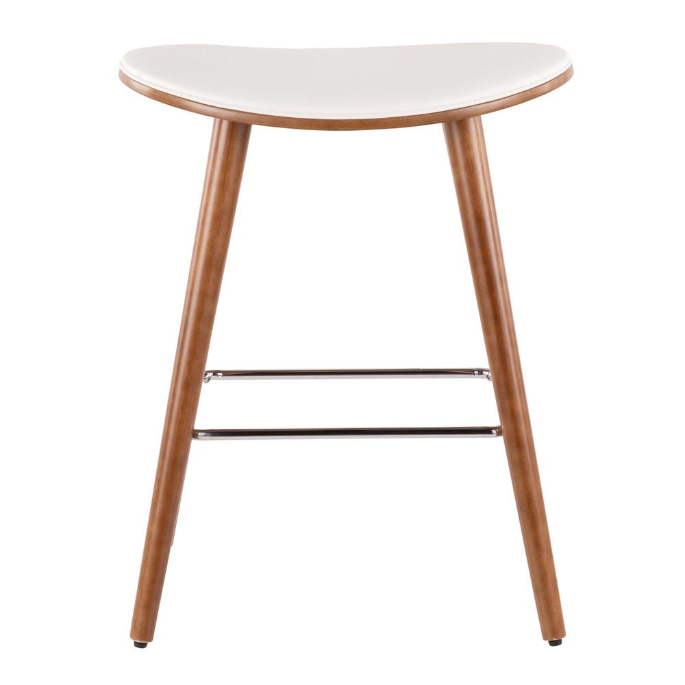 Saddle 26" Mid-Century Modern Counter Stool in Walnut and White Faux Leather - Set of 2. Picture 5