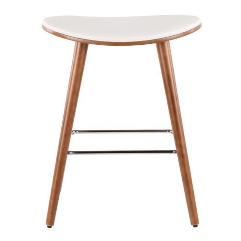 Saddle 26" Mid-Century Modern Counter Stool in Walnut and White Faux Leather - Set of 2. Picture 6