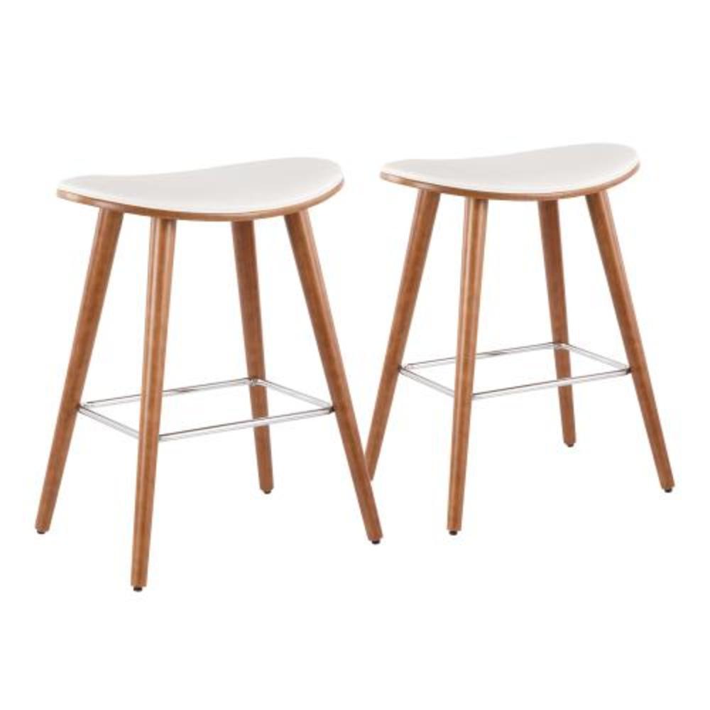 Saddle 26" Mid-Century Modern Counter Stool in Walnut and White Faux Leather - Set of 2. Picture 1