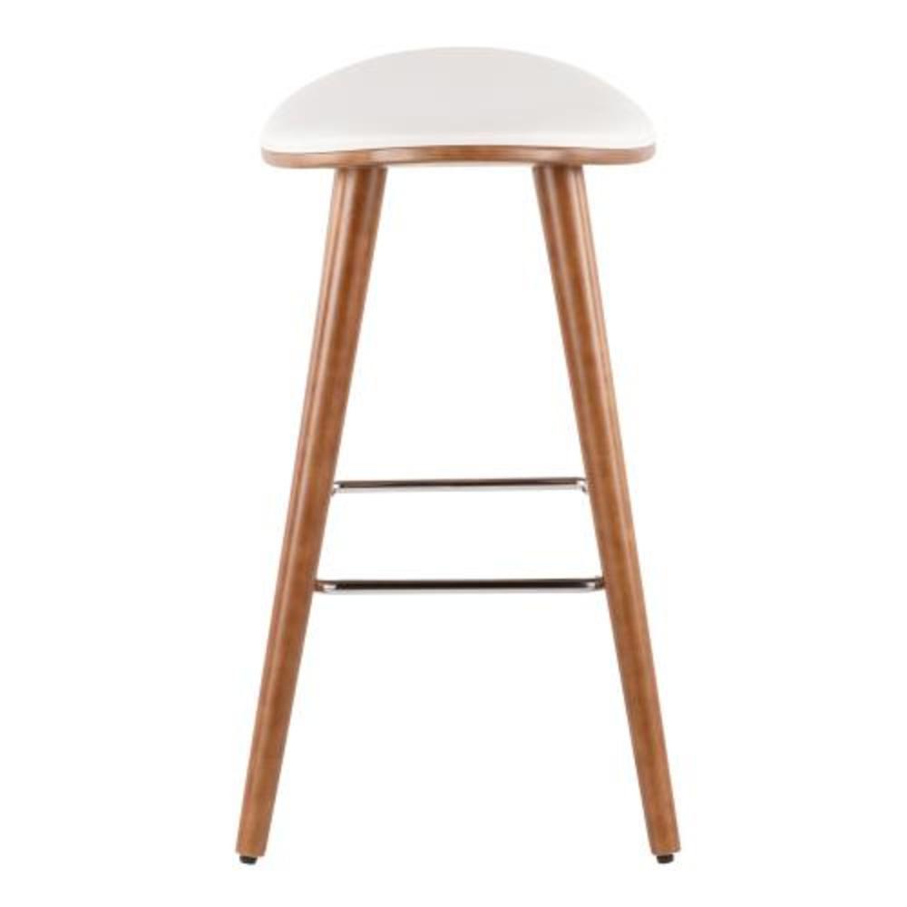 Saddle 26" Mid-Century Modern Counter Stool in Walnut and White Faux Leather - Set of 2. Picture 3