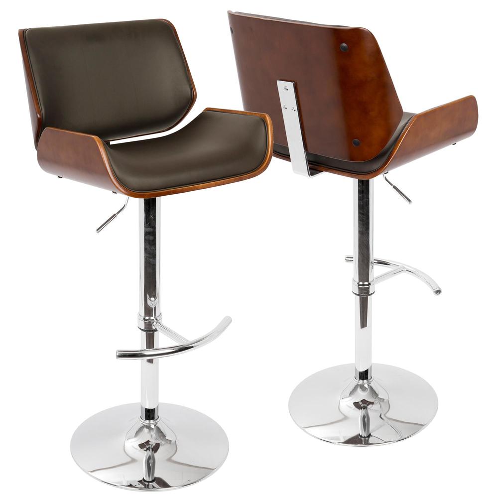 Santi Mid-Century Modern Adjustable Barstool with Swivel in Cherry and Brown Faux Leather. Picture 1