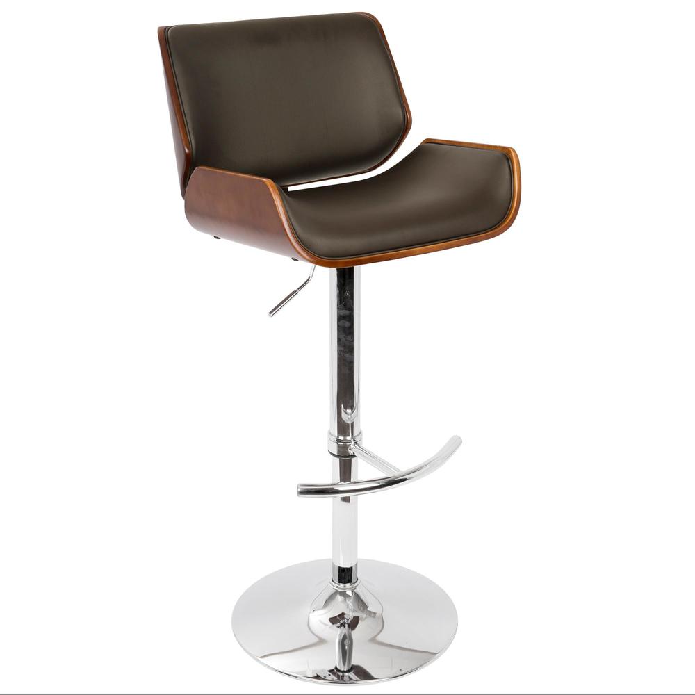 Santi Mid-Century Modern Adjustable Barstool with Swivel in Cherry and Brown Faux Leather. Picture 2