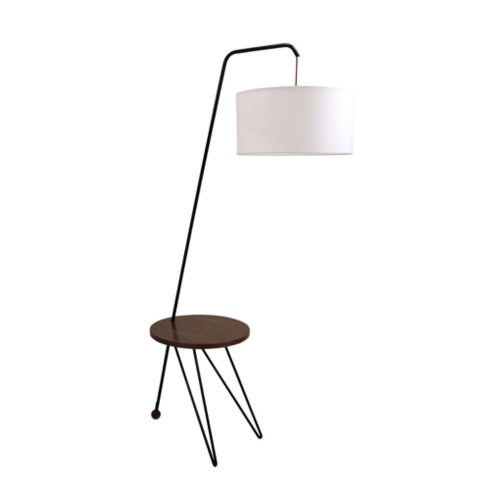 Stork Mid-Century Modern Floor Lamp with Walnut Wood Table Accent and White Shade. Picture 1