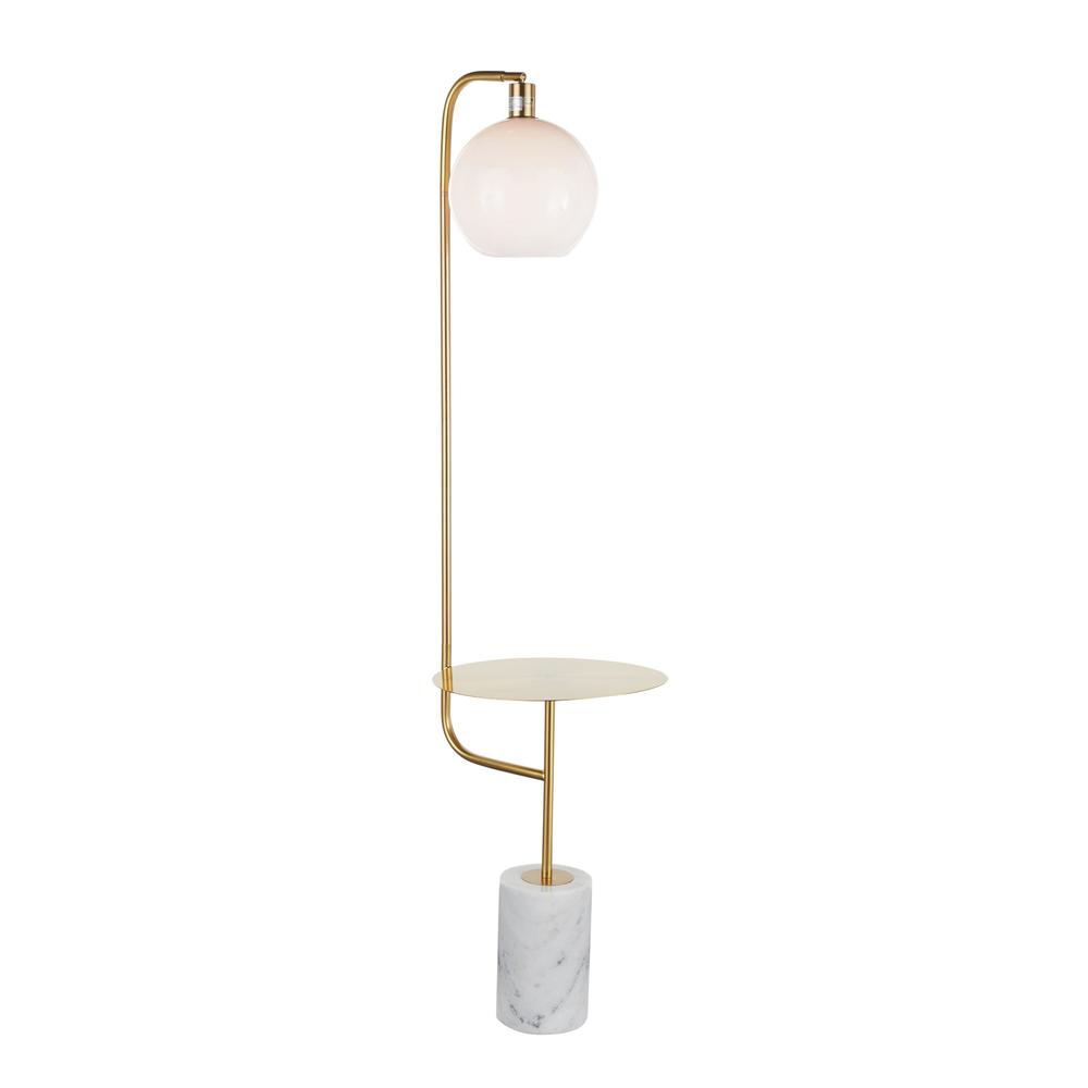 White Marble, Gold Metal, White Shade Symbol Floor Lamp with Side Table. Picture 2