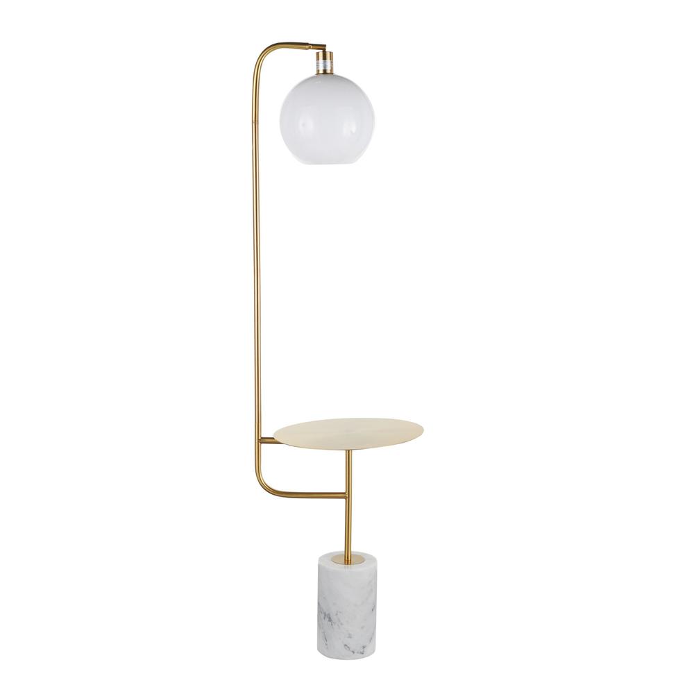 White Marble, Gold Metal, White Shade Symbol Floor Lamp with Side Table. Picture 3