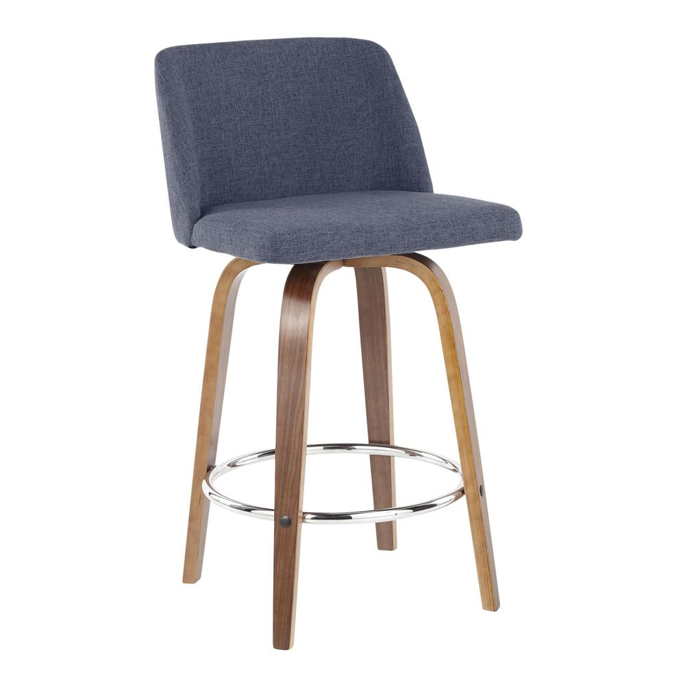 Toriano Mid-Century Modern Counter Stool in Walnut and Blue Fabric - Set of 2. Picture 2