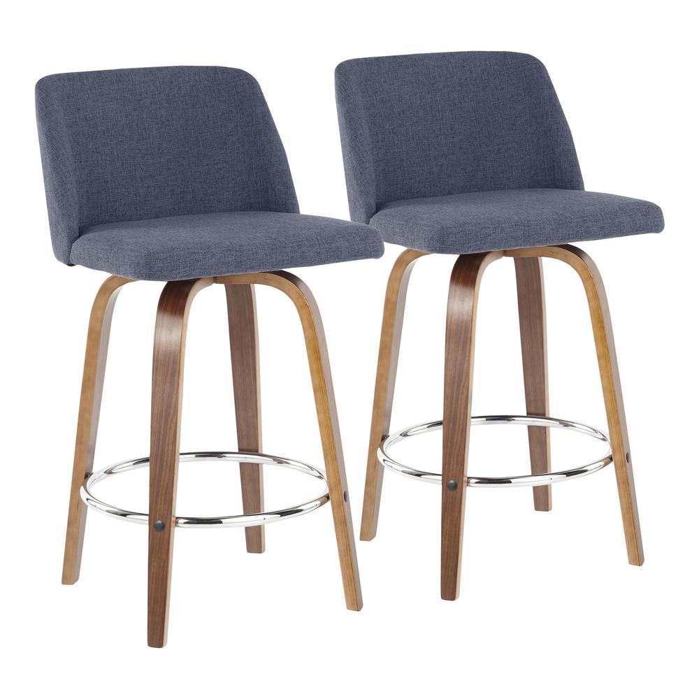 Toriano Mid-Century Modern Counter Stool in Walnut and Blue Fabric - Set of 2. Picture 1