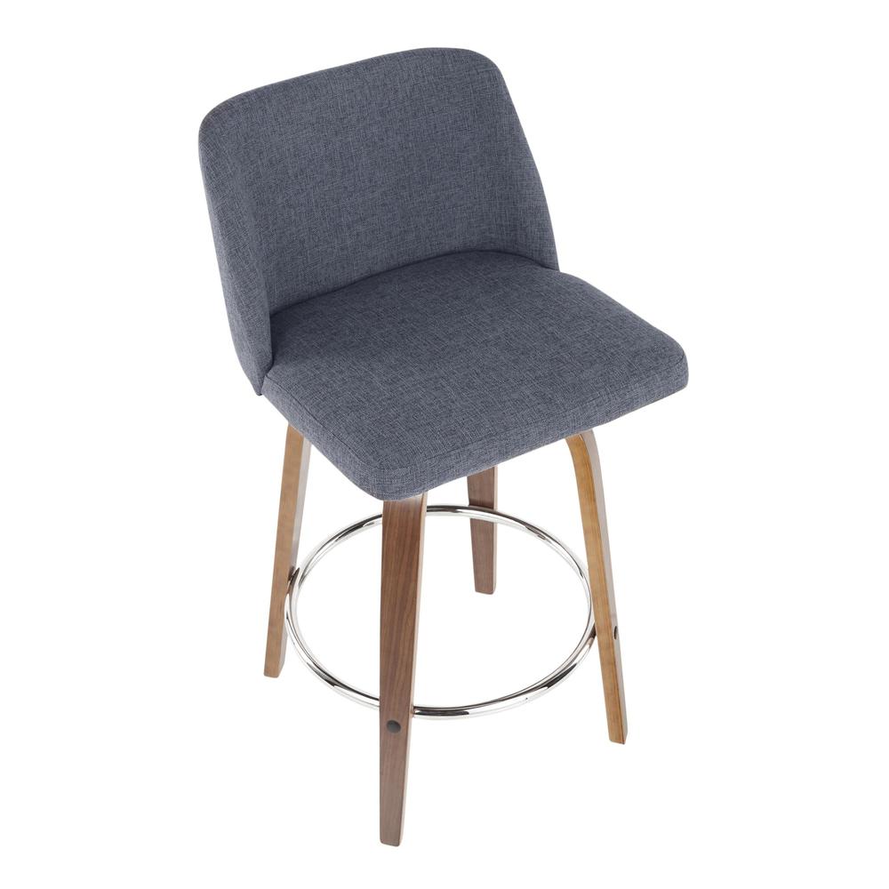 Toriano Mid-Century Modern Counter Stool in Walnut and Blue Fabric - Set of 2. Picture 7