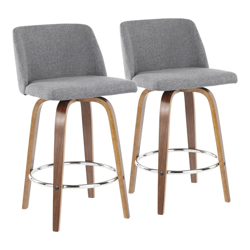 Toriano Mid-Century Modern Counter Stool in Walnut and Grey Fabric - Set of 2. Picture 1