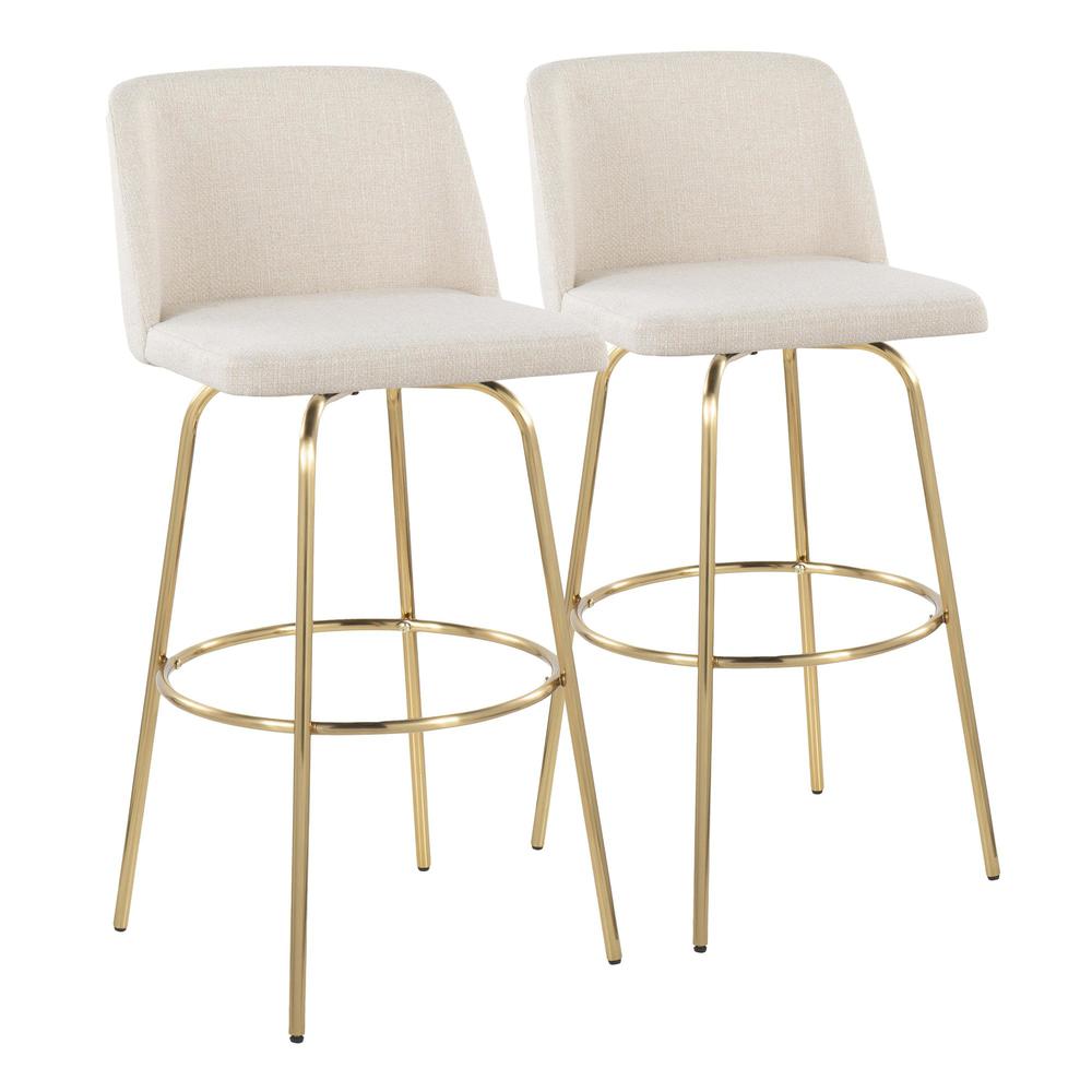 Cream Noise Fabric, Gold Metal Toriano 30" Fixed Height Barstool - Set of 2. Picture 1