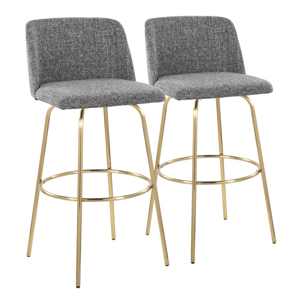 Grey Noise Fabric, Gold Metal Toriano 30" Fixed Height Barstool - Set of 2. Picture 1