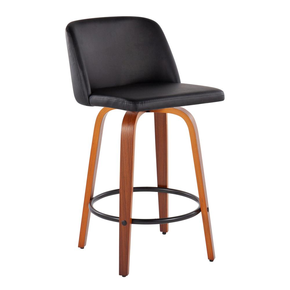 Walnut Wood, Black PU, Black Steel Toriano Fixed-Height Counter Stool - Set of 2. Picture 2