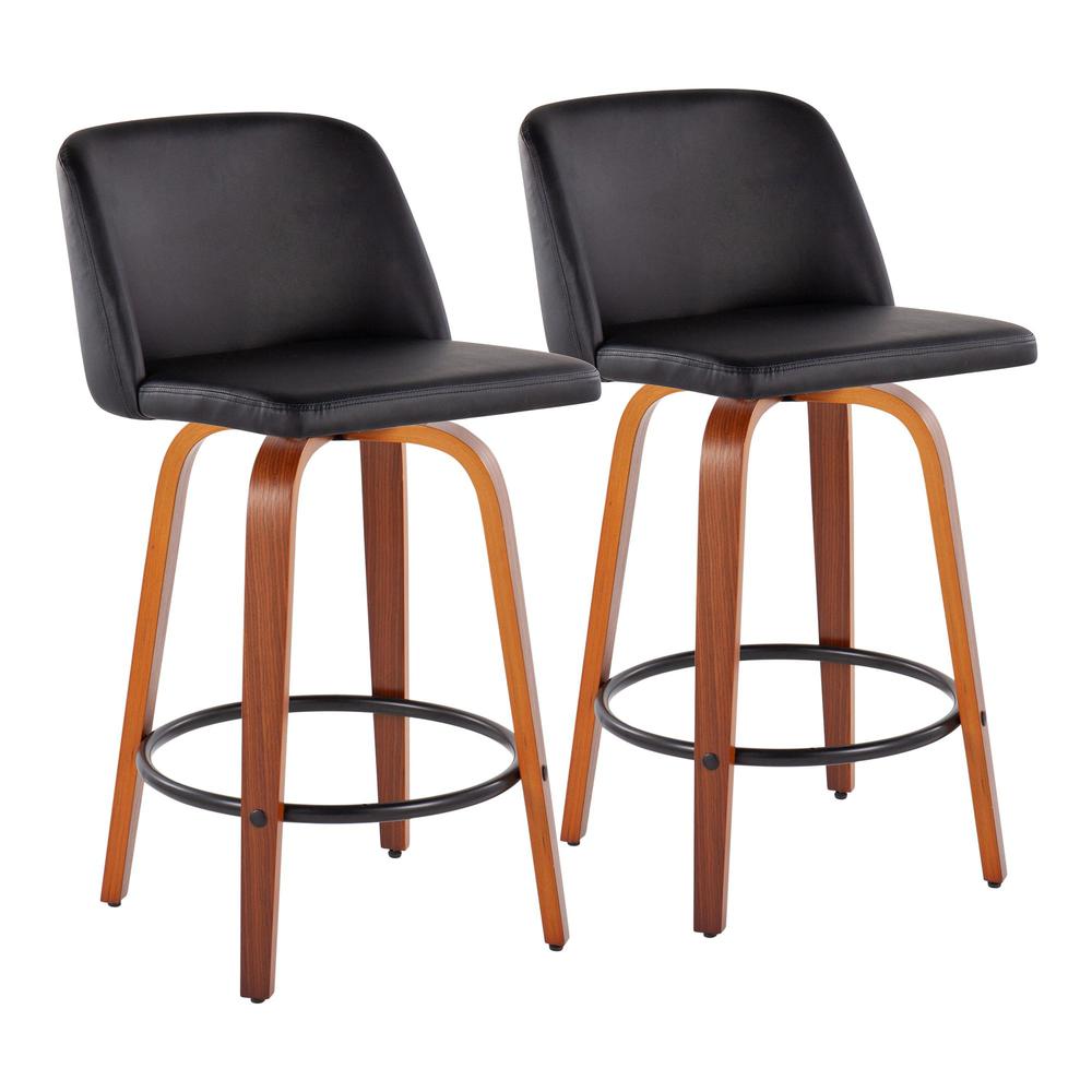 Walnut Wood, Black PU, Black Steel Toriano Fixed-Height Counter Stool - Set of 2. Picture 1