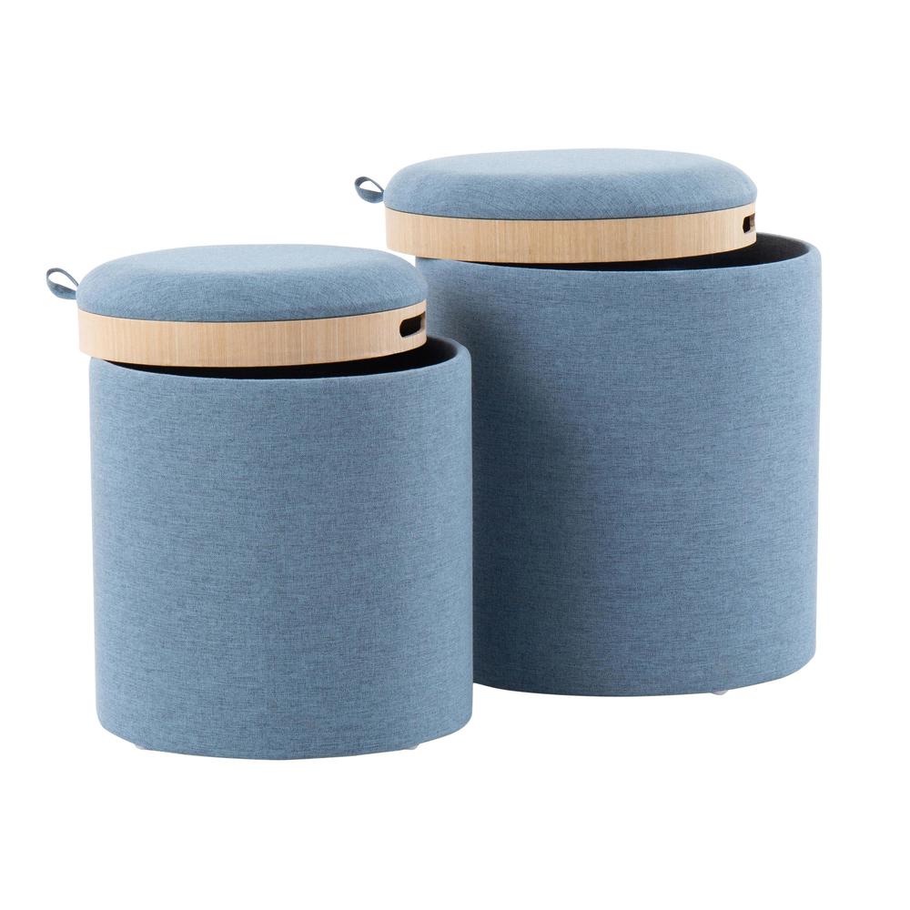Blue Fabric, Natural Wood Tray Nesting Ottoman Set. Picture 3