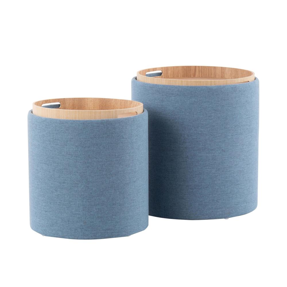 Blue Fabric, Natural Wood Tray Nesting Ottoman Set. Picture 4