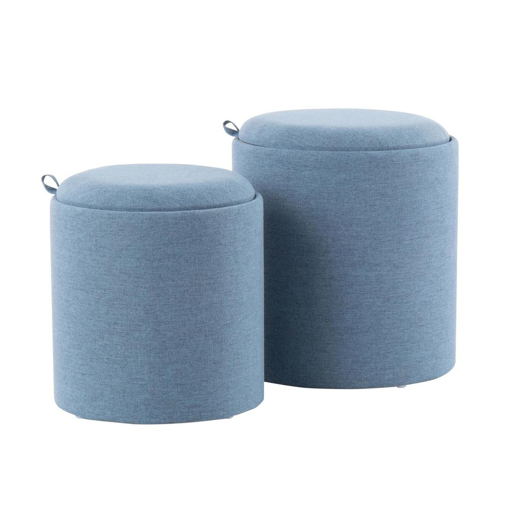 Blue Fabric, Natural Wood Tray Nesting Ottoman Set. Picture 1
