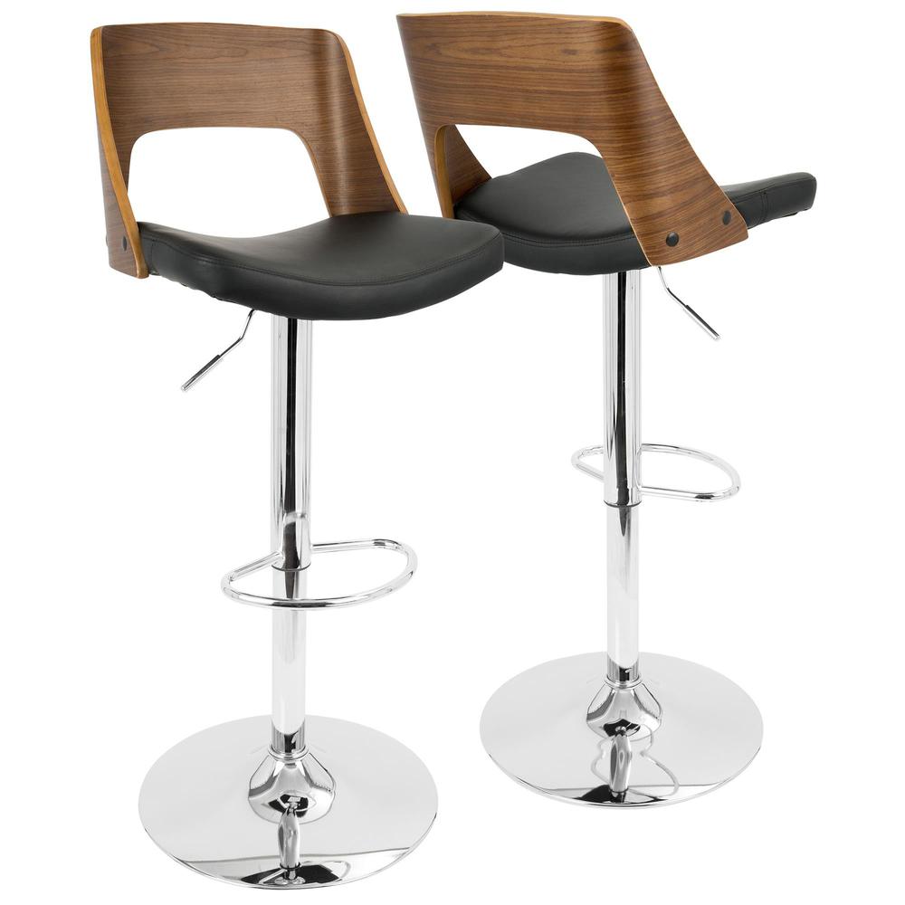Valencia Mid-Century Modern Adjustable Barstool with Swivel in Walnut and Black Faux Leather. Picture 1