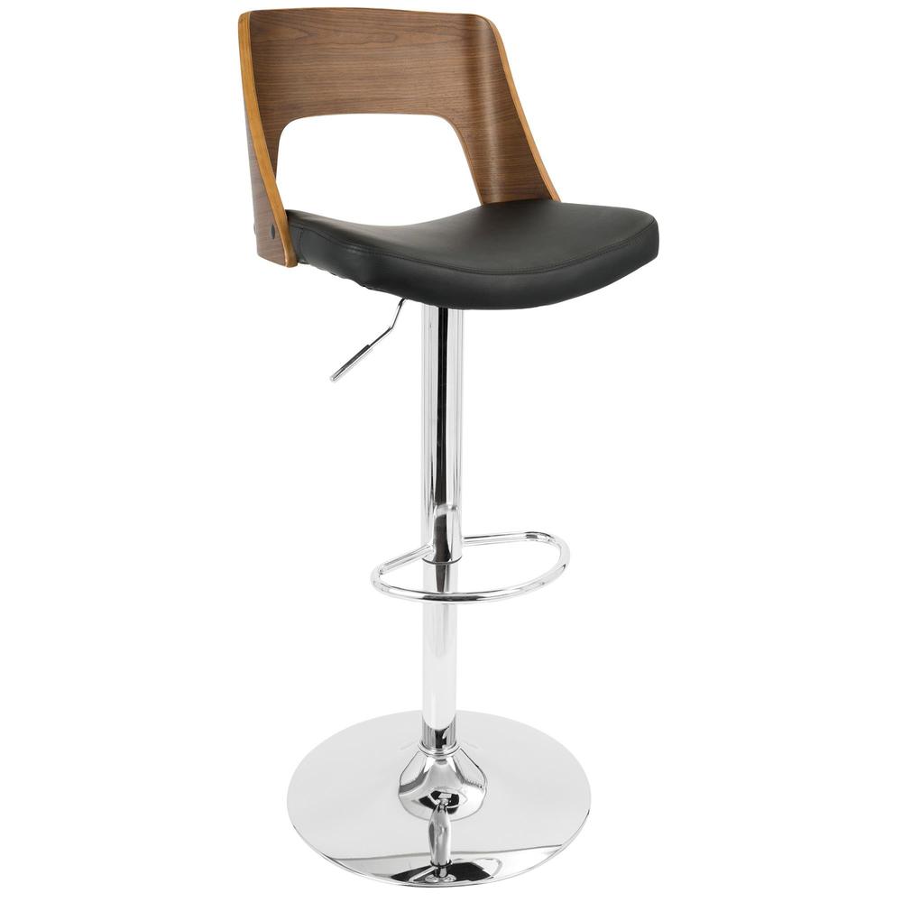 Valencia Mid-Century Modern Adjustable Barstool with Swivel in Walnut and Black Faux Leather. Picture 2