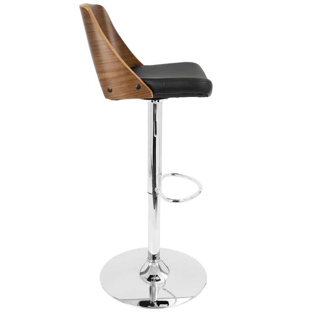 Valencia Mid-Century Modern Adjustable Barstool with Swivel in Walnut and Black Faux Leather. Picture 3