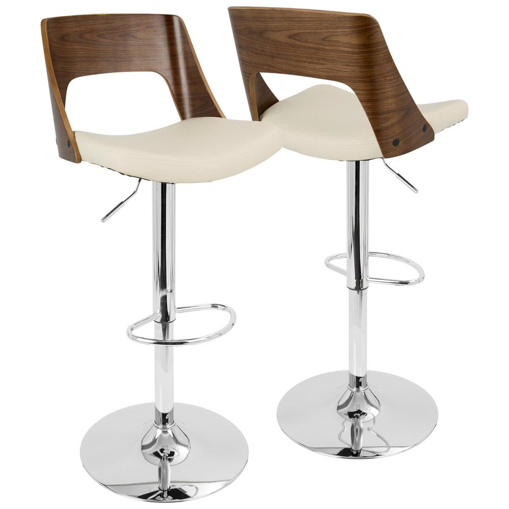 Valencia Mid-Century Modern Adjustable Barstool with Swivel in Walnut and Cream Faux Leather. Picture 1