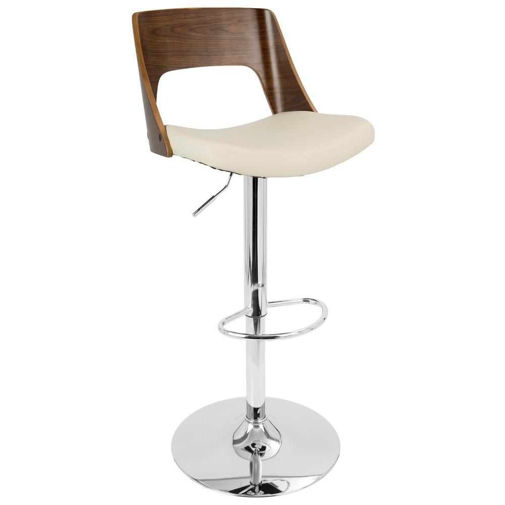 Valencia Mid-Century Modern Adjustable Barstool with Swivel in Walnut and Cream Faux Leather. Picture 2