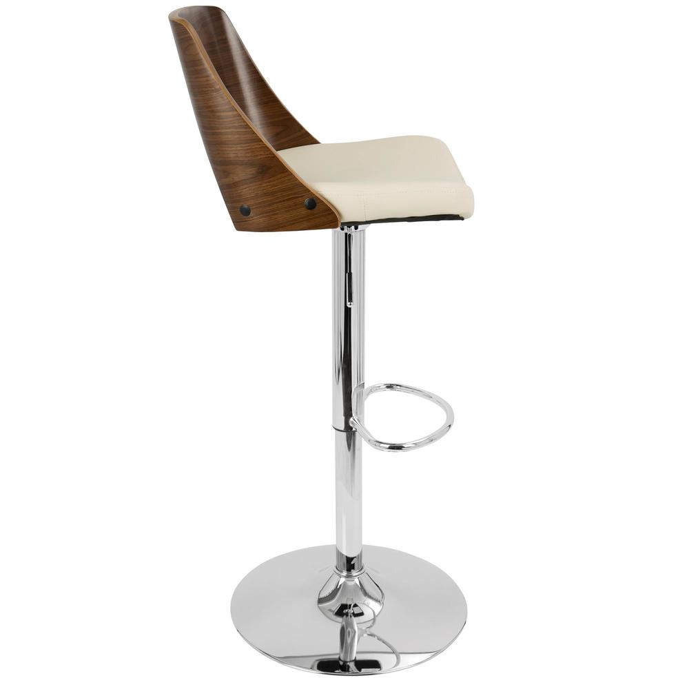 Valencia Mid-Century Modern Adjustable Barstool with Swivel in Walnut and Cream Faux Leather. Picture 3