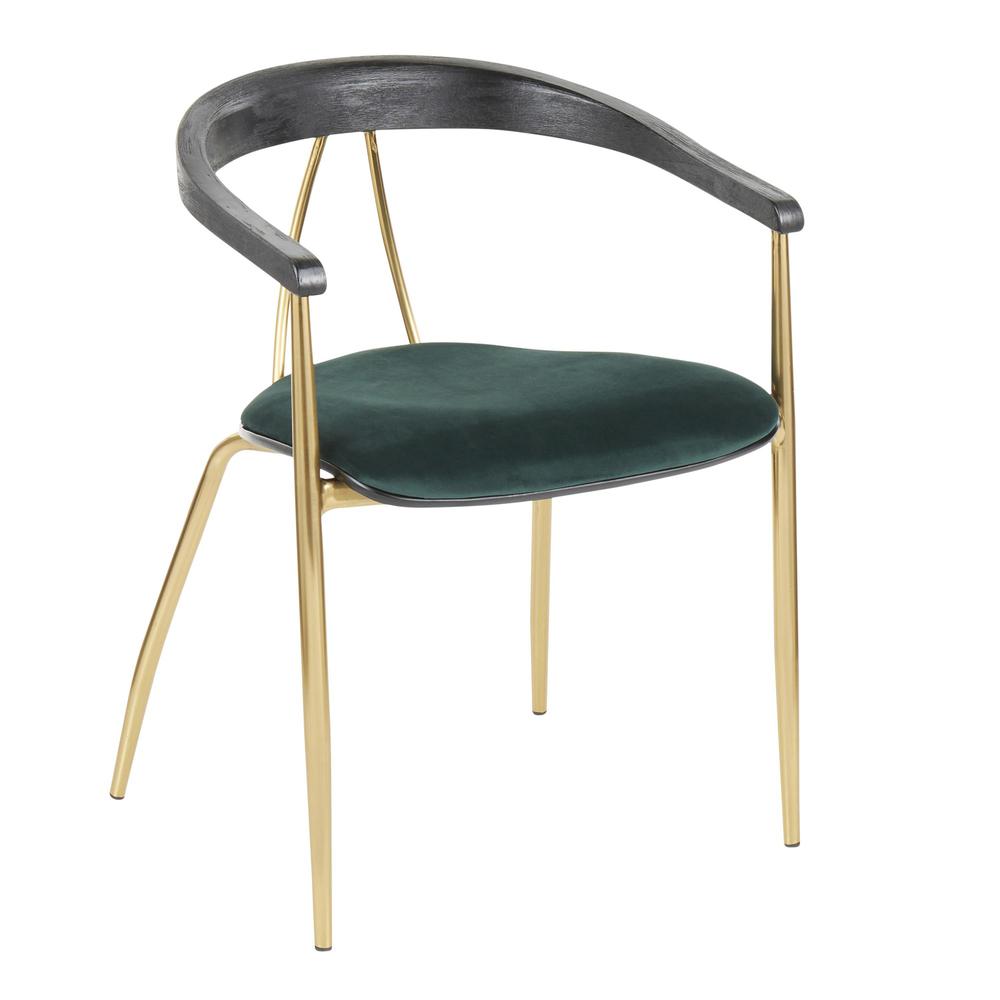 Vanessa Contemporary Chair in Gold Metal and Green Velvet with Black Wood Accent - Set of 2. Picture 2