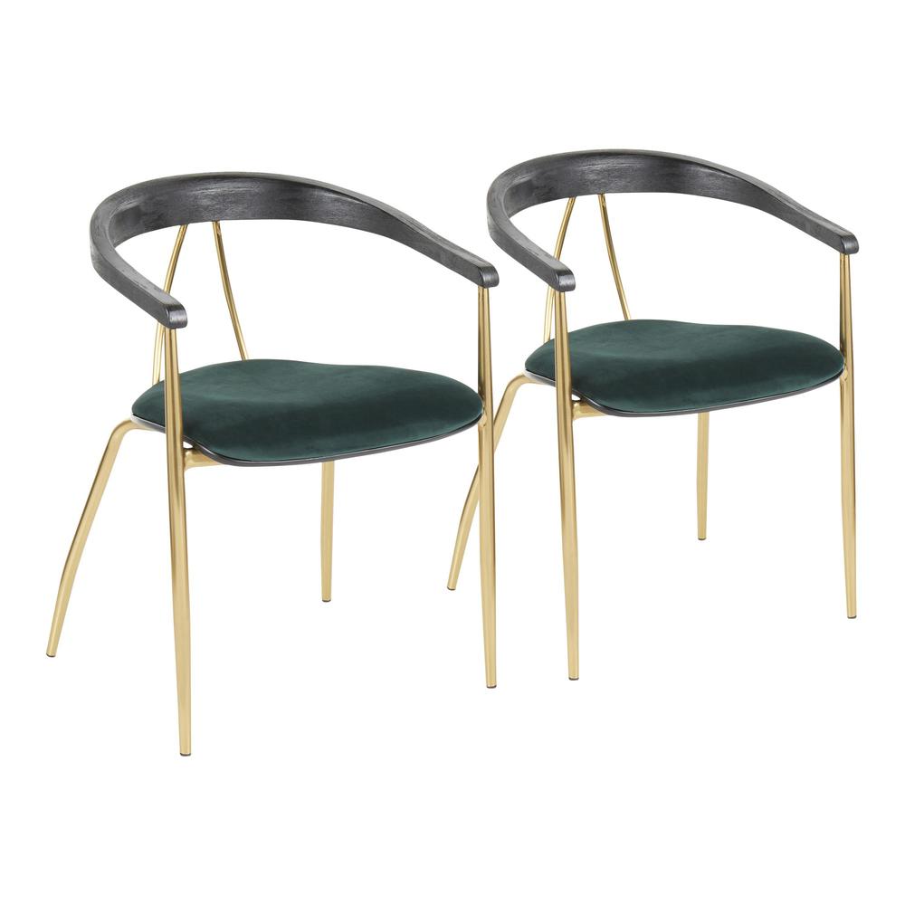 Vanessa Contemporary Chair in Gold Metal and Green Velvet with Black Wood Accent - Set of 2. Picture 1