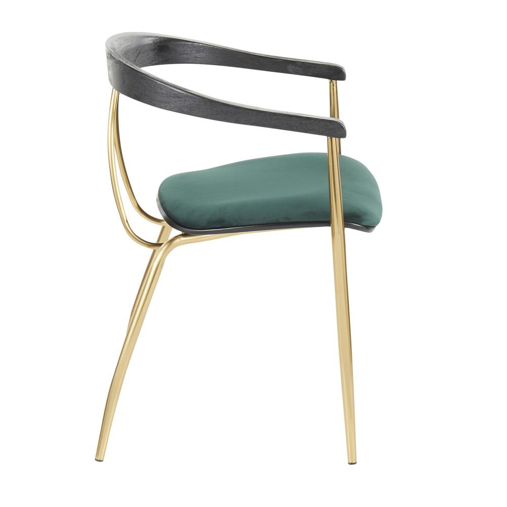 Vanessa Contemporary Chair in Gold Metal and Green Velvet with Black Wood Accent - Set of 2. Picture 3
