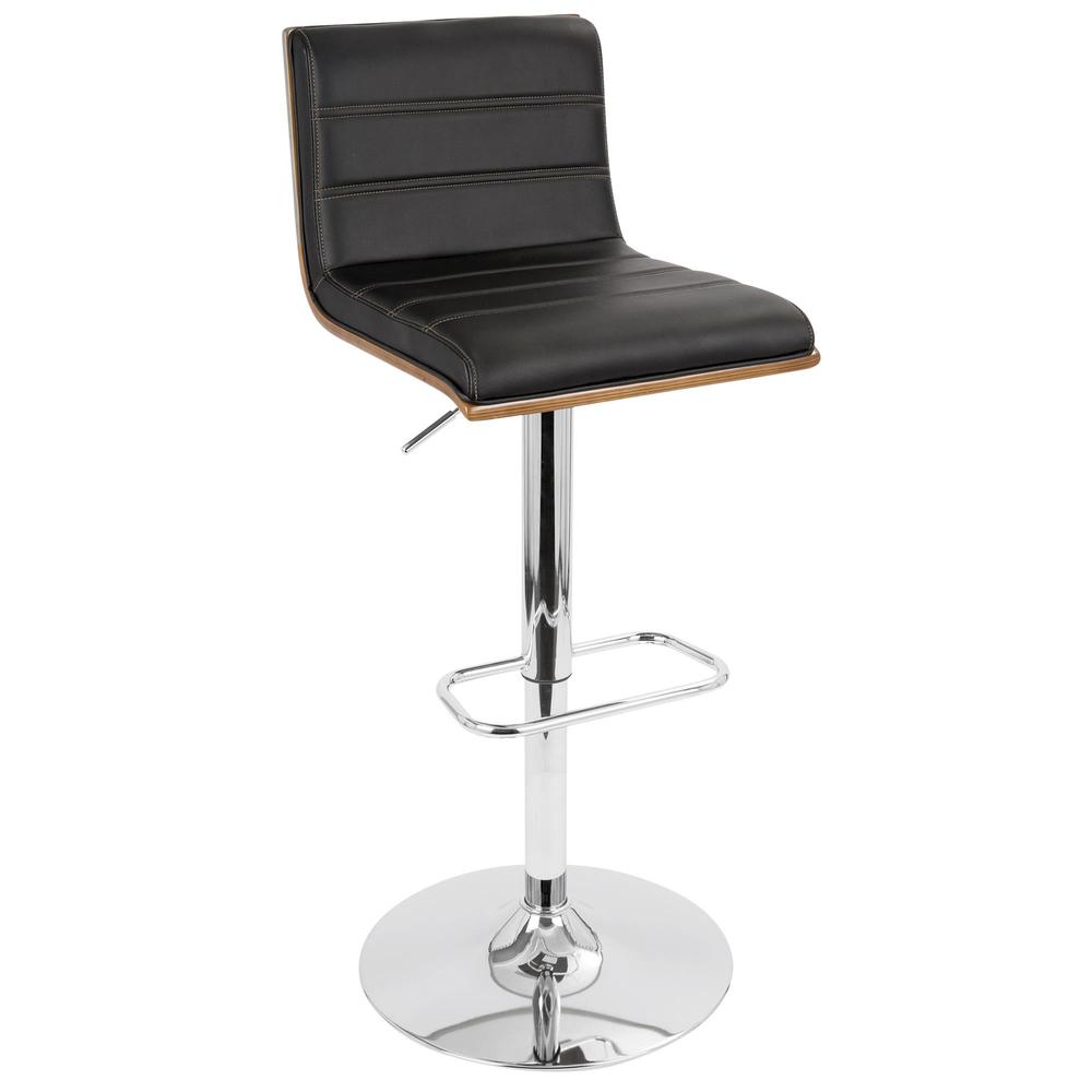 Vasari Mid-Century Modern Adjustable Barstool with Swivel in Walnut and Black Faux Leather. Picture 2