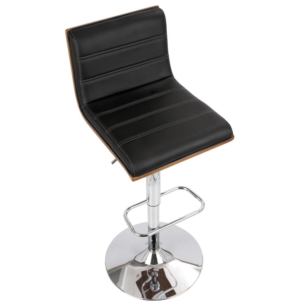 Vasari Mid-Century Modern Adjustable Barstool with Swivel in Walnut and Black Faux Leather. Picture 7