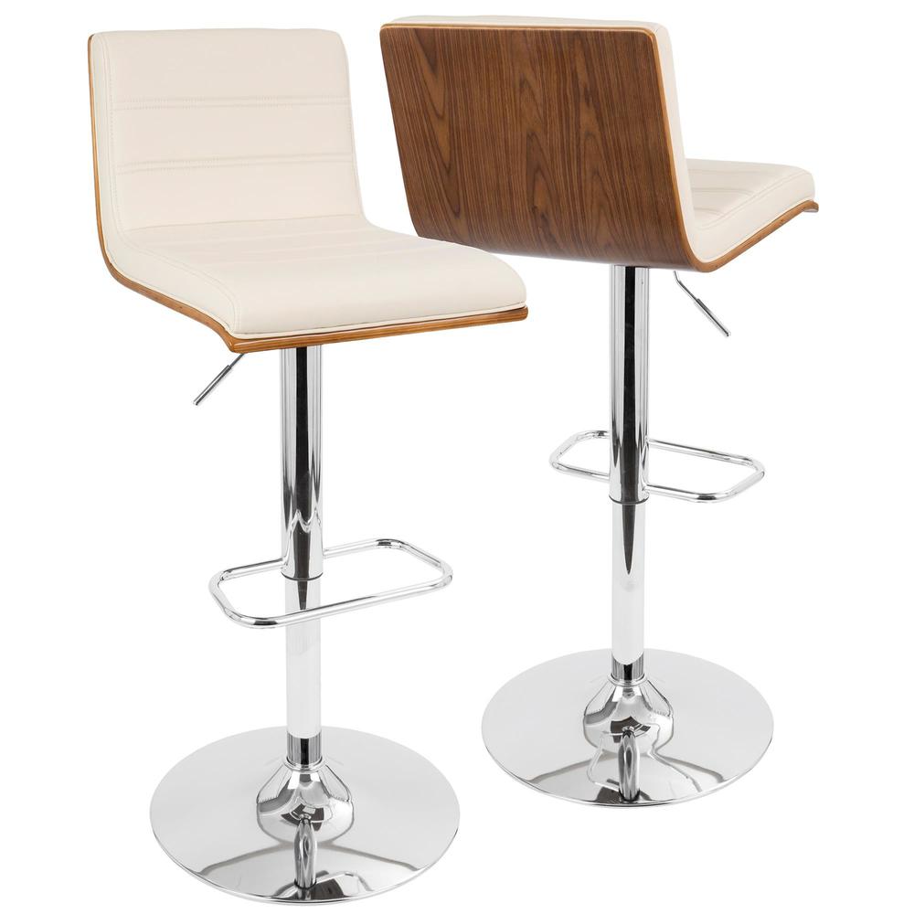 Vasari Mid-Century Modern Adjustable Barstool with Swivel in Walnut and Cream Faux Leather. Picture 1