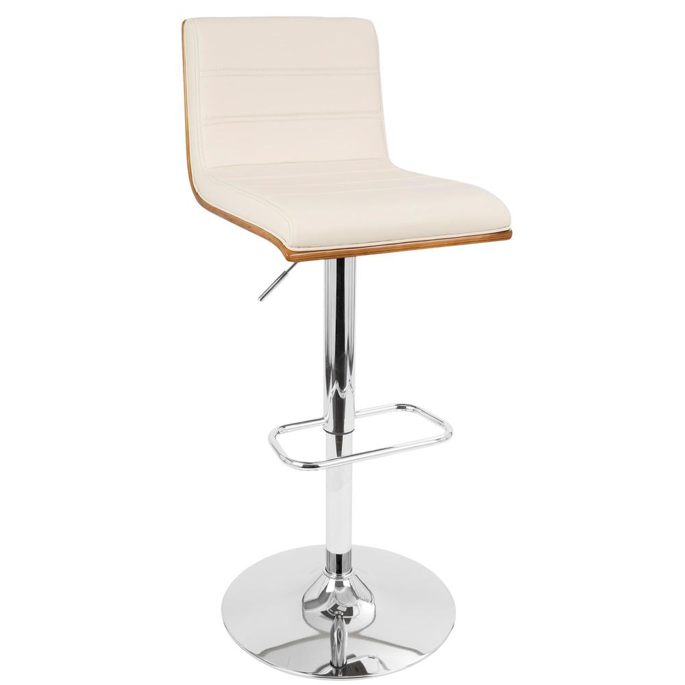 Vasari Mid-Century Modern Adjustable Barstool with Swivel in Walnut and Cream Faux Leather. Picture 2