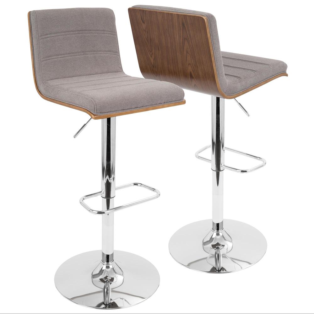 Vasari Mid-Century Modern Adjustable Barstool with Swivel in Walnut and Grey Fabric. Picture 1