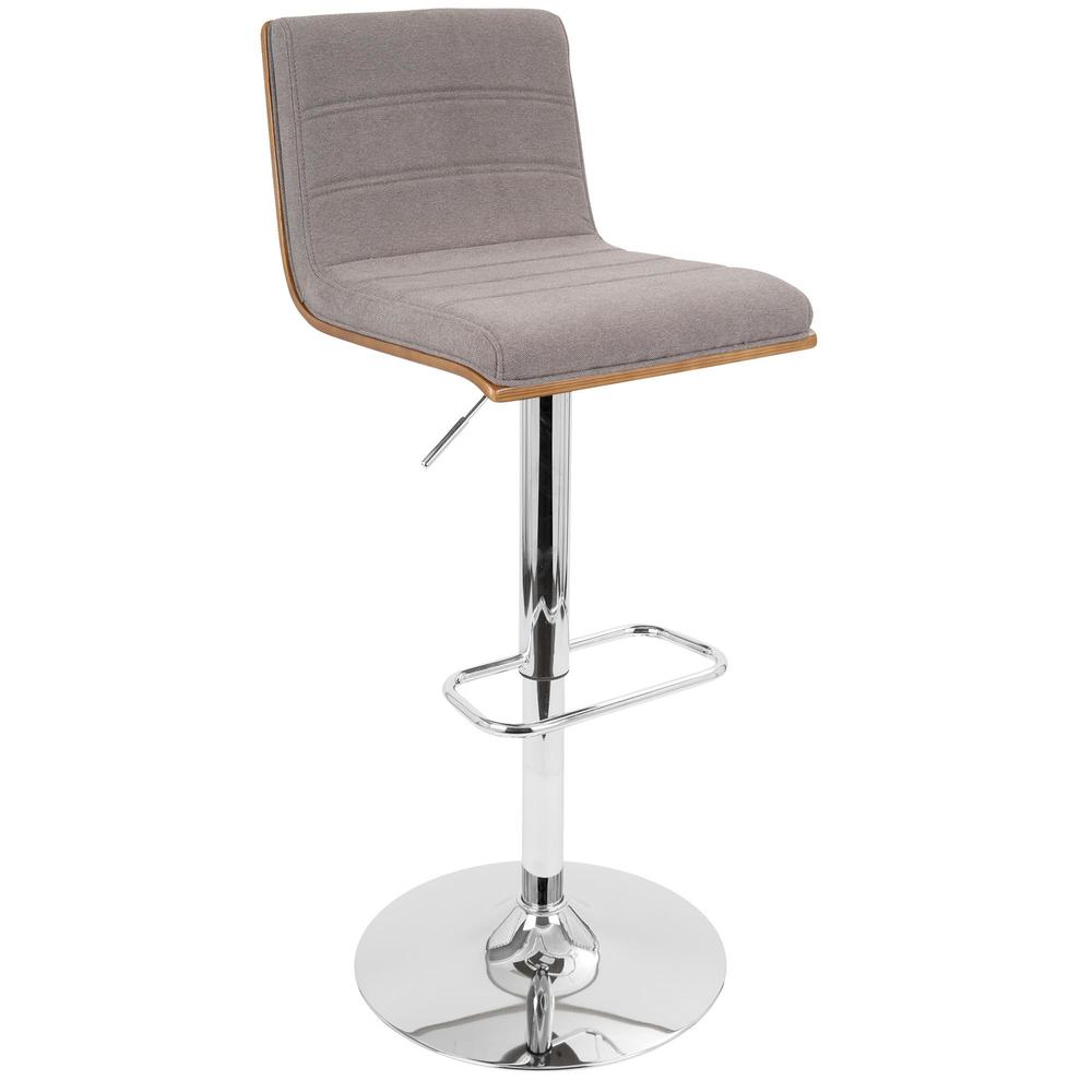 Vasari Mid-Century Modern Adjustable Barstool with Swivel in Walnut and Grey Fabric. Picture 2