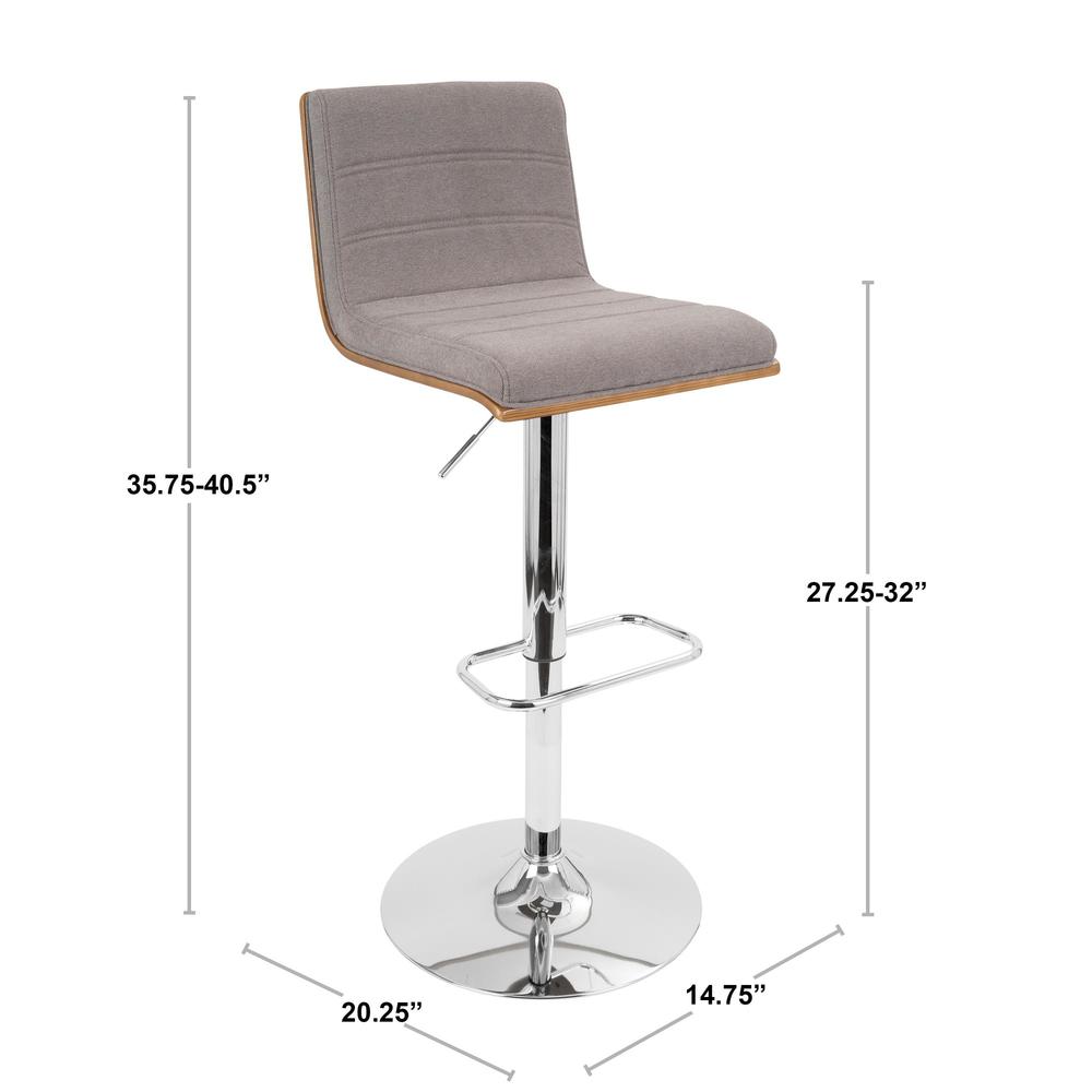 Vasari Mid-Century Modern Adjustable Barstool with Swivel in Walnut and Grey Fabric. Picture 8