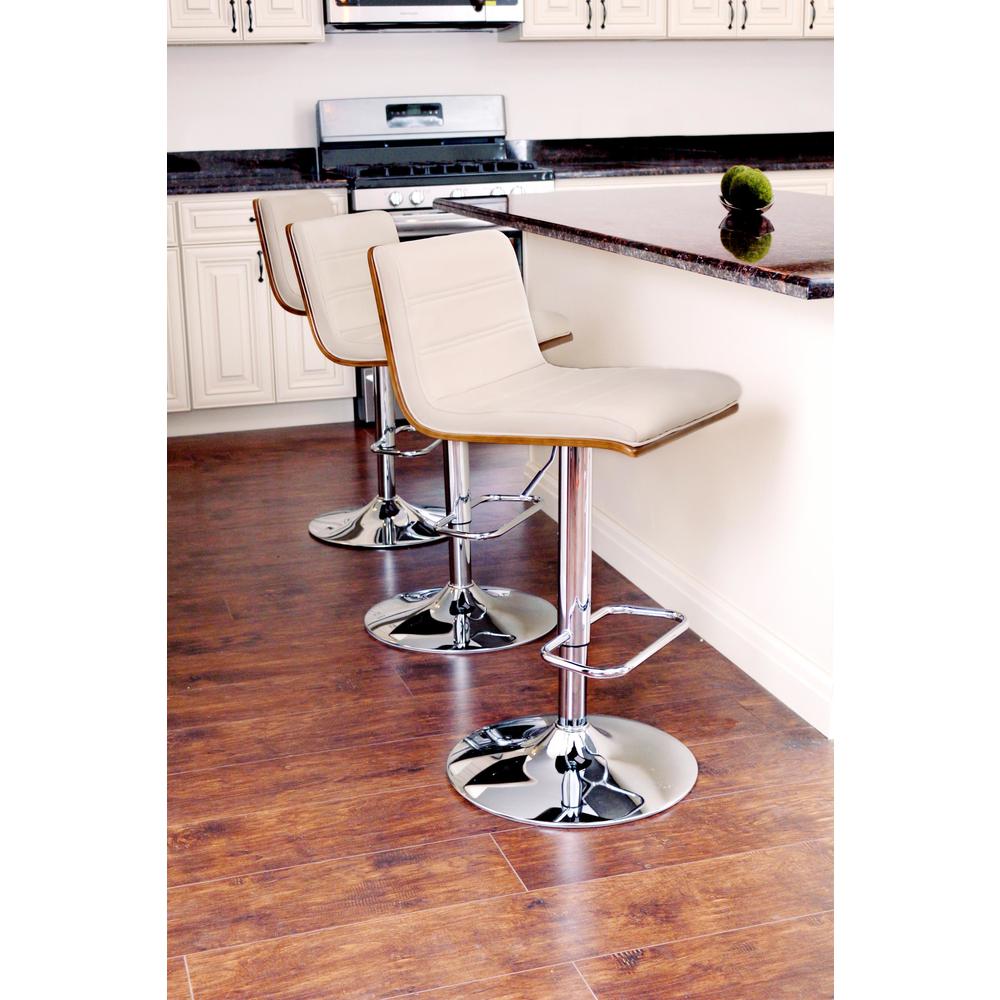 Vasari Mid-Century Modern Adjustable Barstool with Swivel in Walnut and Cream Faux Leather. Picture 8