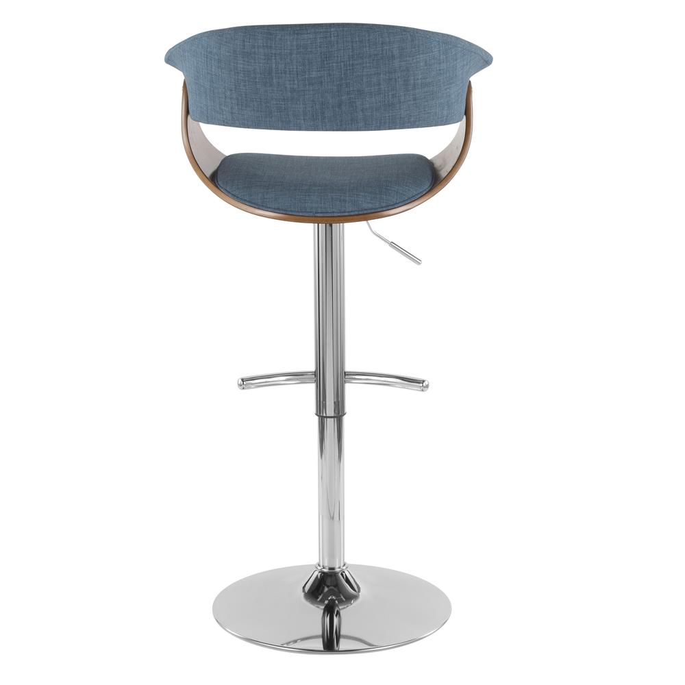 Vintage Mod Mid-Century Modern Adjustable Barstool with Swivel in Walnut and Blue Fabric. Picture 5