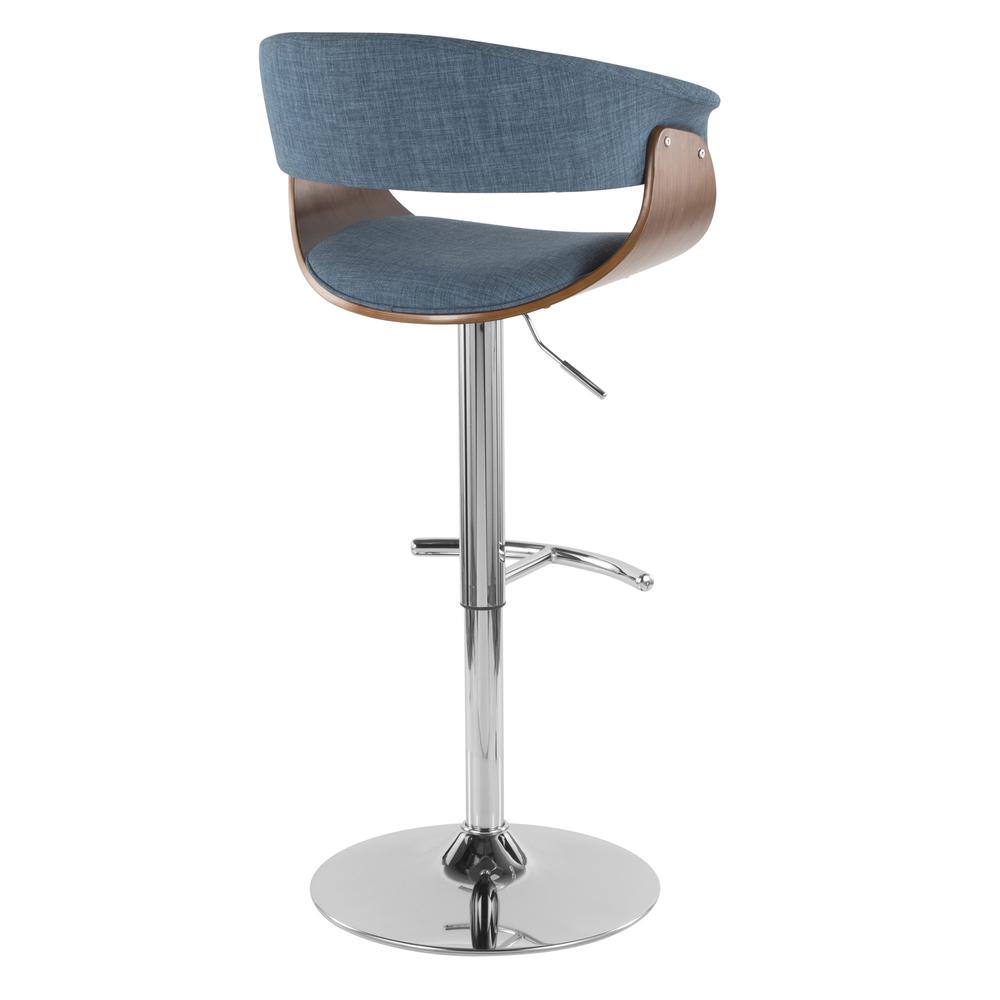 Vintage Mod Mid-Century Modern Adjustable Barstool with Swivel in Walnut and Blue Fabric. Picture 4
