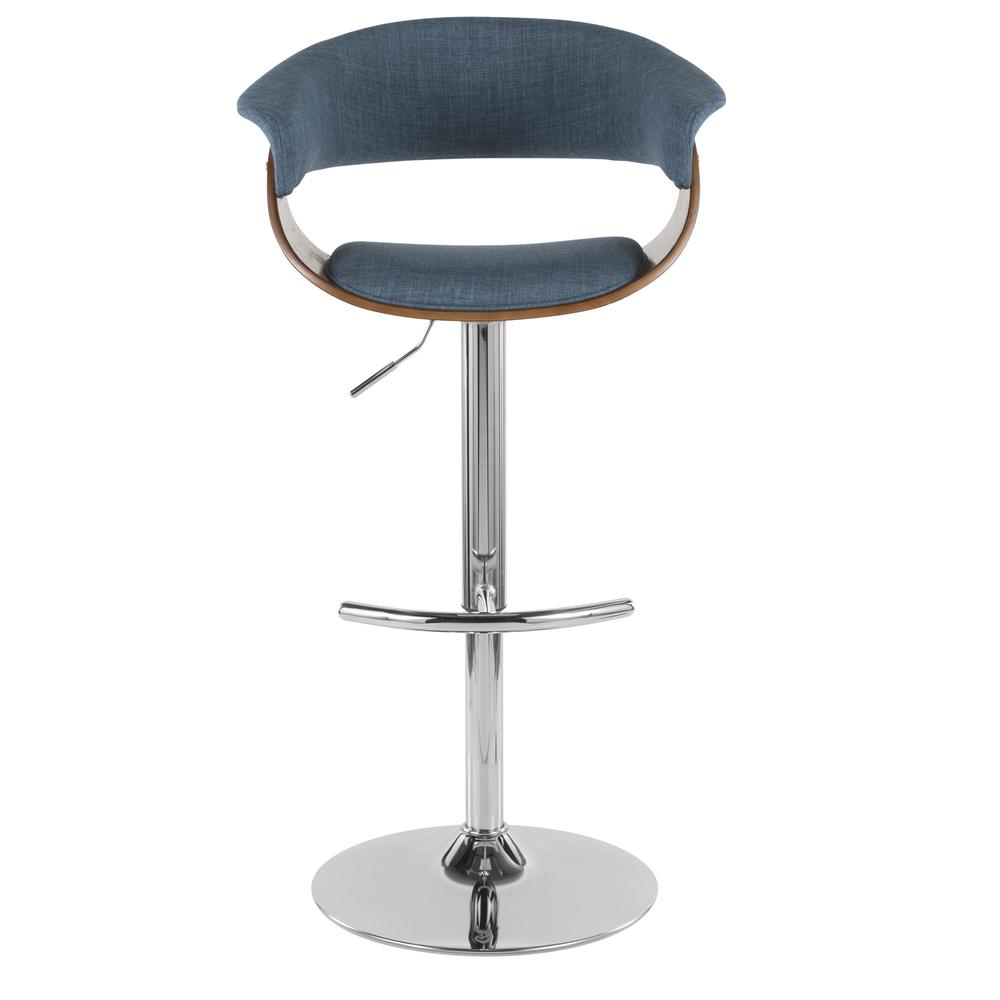 Vintage Mod Mid-Century Modern Adjustable Barstool with Swivel in Walnut and Blue Fabric. Picture 6