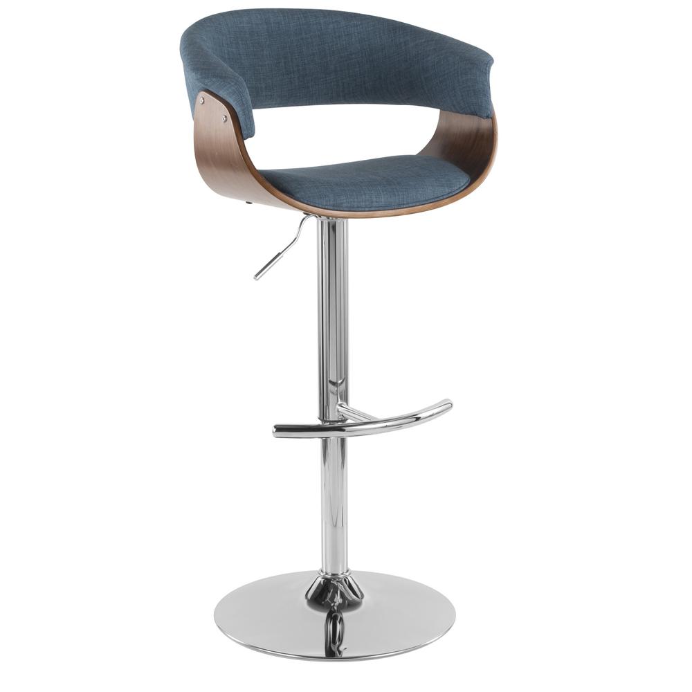 Vintage Mod Mid-Century Modern Adjustable Barstool with Swivel in Walnut and Blue Fabric. Picture 2