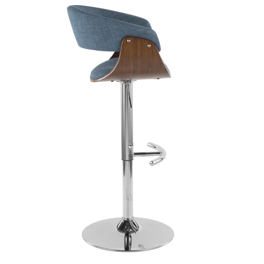 Vintage Mod Mid-Century Modern Adjustable Barstool with Swivel in Walnut and Blue Fabric. Picture 3