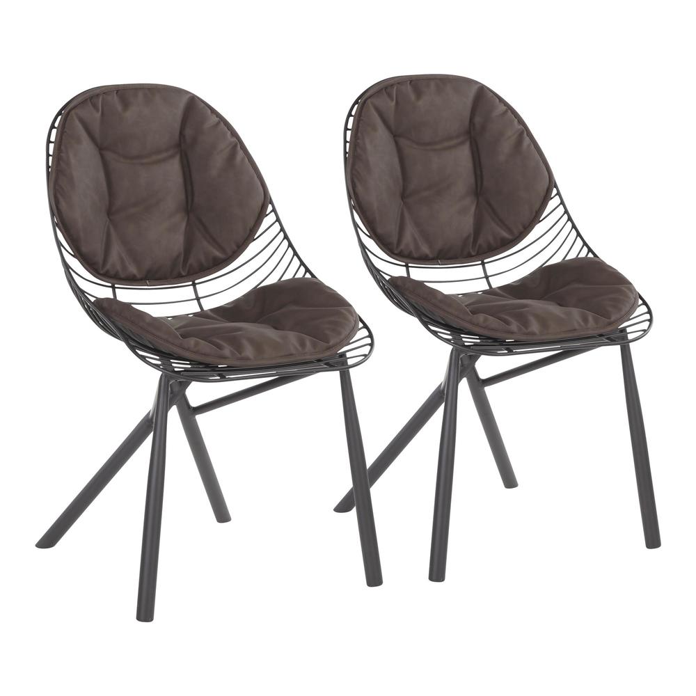 Wired Contemporary Chair in Black Metal with Espresso Faux Leather Cushions - Set of 2. Picture 1